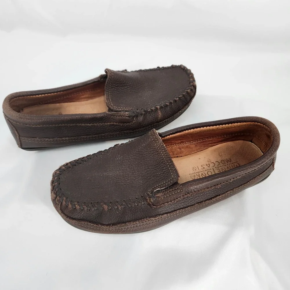 Minnetonka Moccasins Brown Leather Slip On‎ Driving Shoes Mens 8 Twin Gore 932